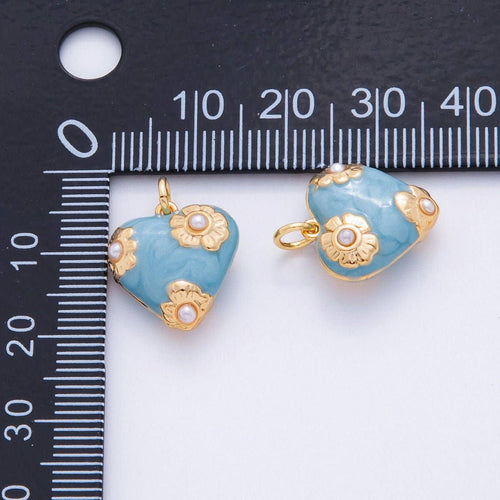 Blue Pearl Flower Heart Charm