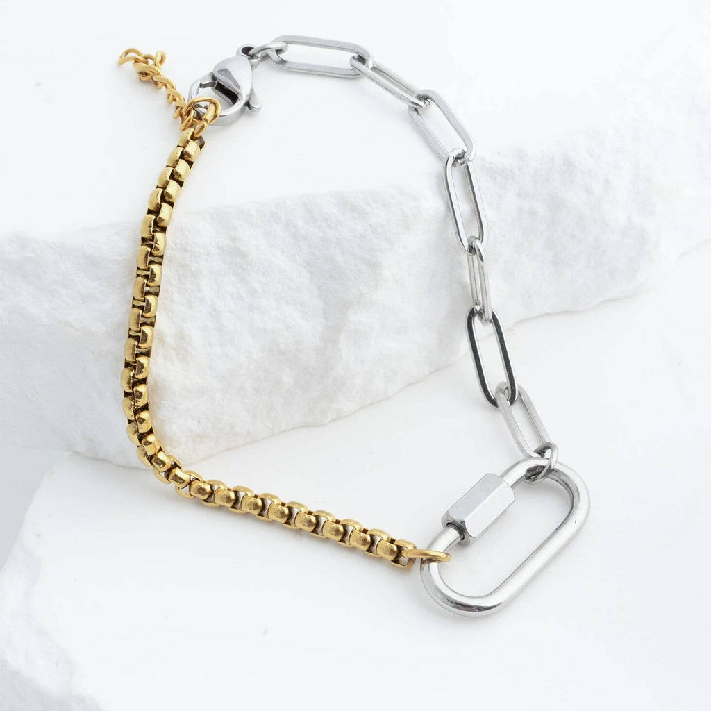 Mixed Metal Split Chain Paperclip Carabiner Bracelet